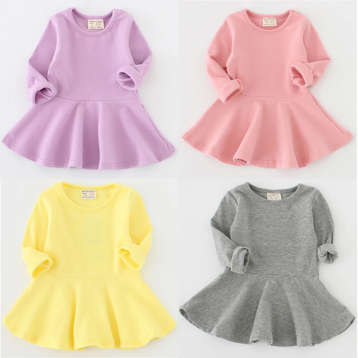 Новые однотонные платья с длинными рукавами для маленьких девочек г. Весенне-осенняя одежда для новорожденных девочек хлопковые платья для маленьких девочек