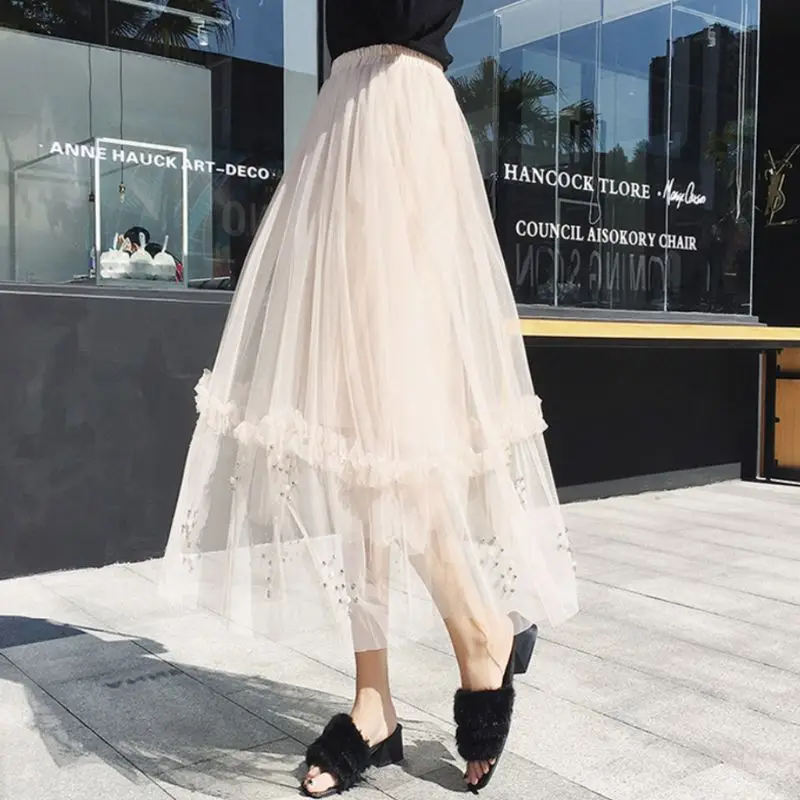 

Women High Waist Layered Mesh Tulle A-Line Skirt Imitation Pearl Handmade Beaded Tiered Ruffles Prom Party Pleated Swing Dress