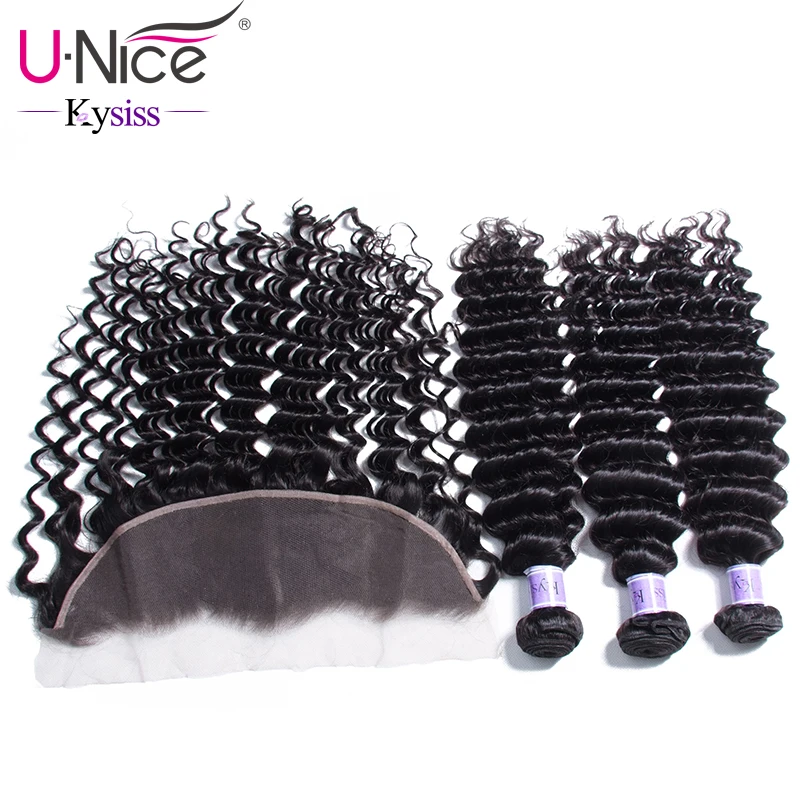 Волосы UNICE 8A Kysiss серии глубокая волна перуанские пучки волос с фронтальной девственные волосы 3 Связки с фронтальной человеческие волосы