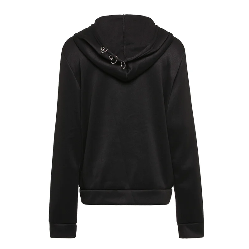  Punk Style Black Fleece Hoodie Sweatshirt Iron Rings Zipper Hooded Women 2019 Autumn Winter Cool Da