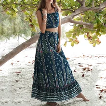 Vintage boho print two-pieces women dress Elegant plus size co-ord autumn midi dress Ruffled spaghetti strap dresses 2019 black spaghetti sequins design co ord with choker