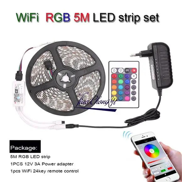 5 м 10 М 5050 RGB светодиодный полосы DC12V 60 Светодиодный/м гибкий LED светильник лента IP20/IP65 водонепроницаемое покрытие с защитой от 24key ИК контроллер Wi-Fi с светодиодный набор снаряжения - Испускаемый цвет: 5M WIFI RGB Set