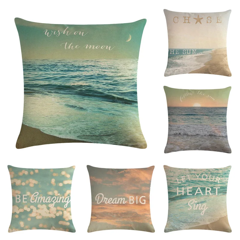 

Seaside Linen Cushion Cover Letters Print Sunset Scenery Decorative Pillow Cases for Sofa Couch Bedroom Summer Fresh Home Decor