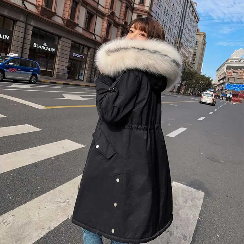 Разноцветное пальто с мехом больших размеров зимнее пуховое пальто с капюшоном Женская куртка Толстая теплая длинная стеганая ватная парка с большим карманом - Цвет: black