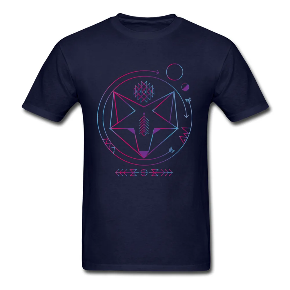 Funny 100% Cotton Tops & Tees for Men Personalized Tshirts Cool Discount Round Collar Tee Shirt Short Sleeve Top Quality Geometric colored spiritual native fox art universe navy