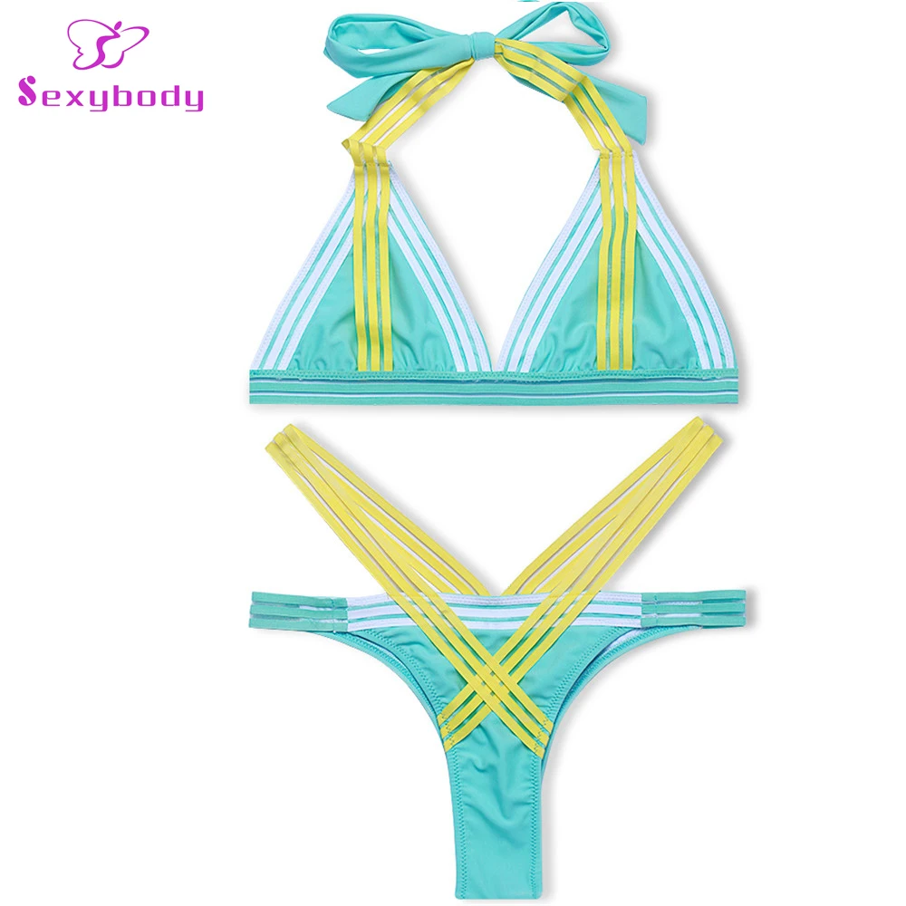 Sexybody Women's Brazilian Spell Color Criss Cross Bandage Bikini Set