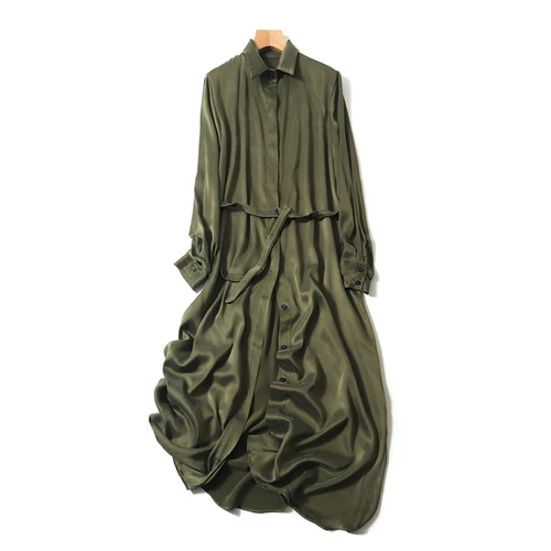 19 Новое матовое шелковое платье из натурального шелка, однотонное платье с длинными рукавами, Шелковый свободный галстук - Цвет: army green