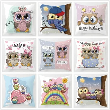 

Cartoon Cushion Cover Owl Family Print Pillow Cover Bird Polyester Cotton Throw Pillow Case Decor For Home Kid Room Pillowcase