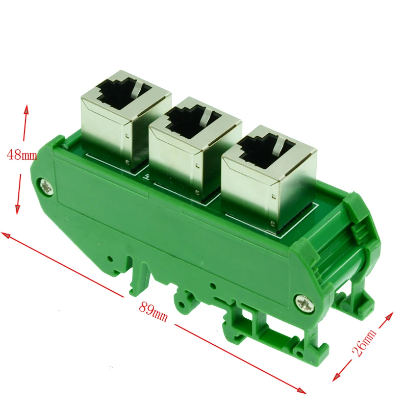 

3 x RJ45 female 8P8C vertical breakout board with Din rail mounting bracket and panel mounting foot
