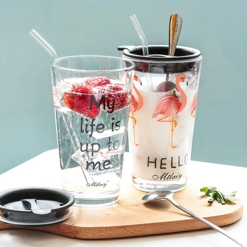 

Unibird Cute Flamingo Pattern Glass Coffee Mug with Lid Fruit Juice Milk Tea Cup with Spoon or Straw Cold Ice Cream Drink Cup