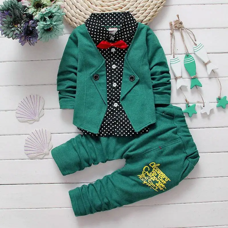 

2017 Baby Boys Autumn Casual Clothing Set Baby Kids Button Letter Bow Clothing Sets Babe jacket + pant 2-Piece Suit Set