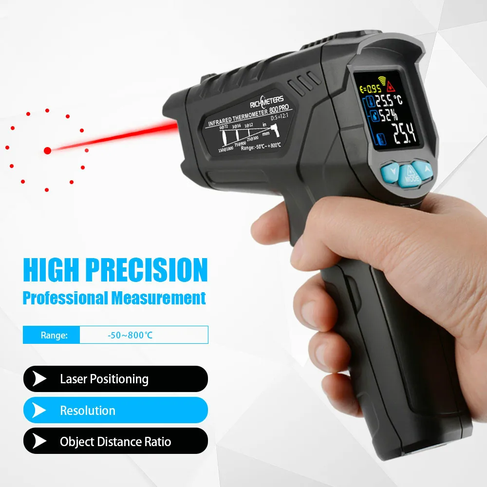 

800Pro/800 Non-Contact Digital infrared Thermometer Pyrometer -50~800C Aquarium laser IR Temperature Gun humidity