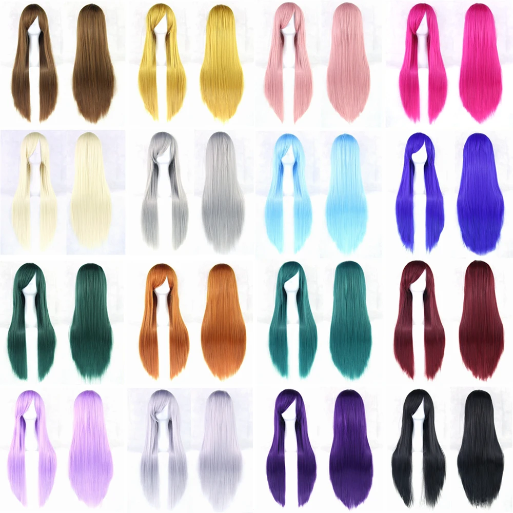  20 Colors Women Heat Resistant Pink Black Blue Red Yellow White Blonde Purple Straight Cosplay Wigs 80cm 