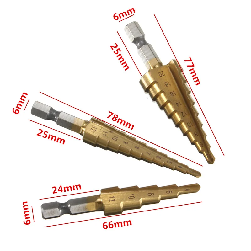 3 шт. высокоскоростные стальные титановые ступенчатые сверла 3-12 мм 4-12 мм 4-20 мм HSS по дереву и металлу для бурения электроинструментов Лидер продаж