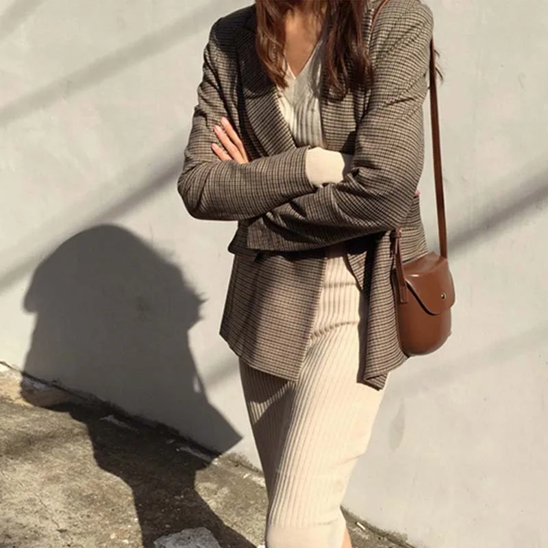 Elegant Vintage Office Lady Blazer Classic Plaid Double Breasted Female Slim Chic Small Suit British Style Slim Suit Jacket 2019
