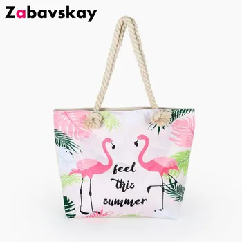 

Fashion Large Capacity Summer Beach Bag Lady Leaf Flamingo Printed Shoulder Bag Female Tote Handbag Women Shopping Bag DJZ476