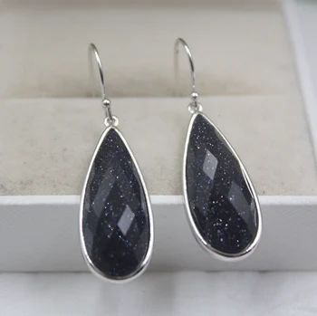 

Real Sterling S925 Silver Earrings Blue Sandstone Raindrop For Women Ladies Girl 38*11mm Dangle Earrings Hook