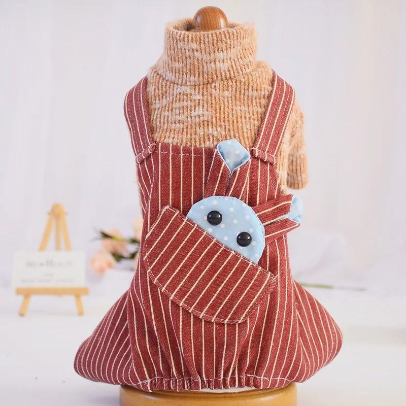 

Dog Cat Dress Pet Dog Striped Jumpuit Dog Cat Sweater Pet Puppy Pleated Skirt Autumn/Winter Clothes Apparel 5 sizes