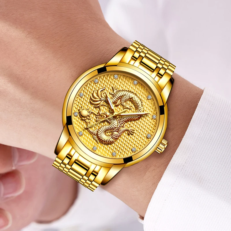 

relogio masculino Genuine LIGE Mens Watches Top Brand Luxury Gold Dragon Sculpture Quartz Watch Men Full Steel Wristwatch +box