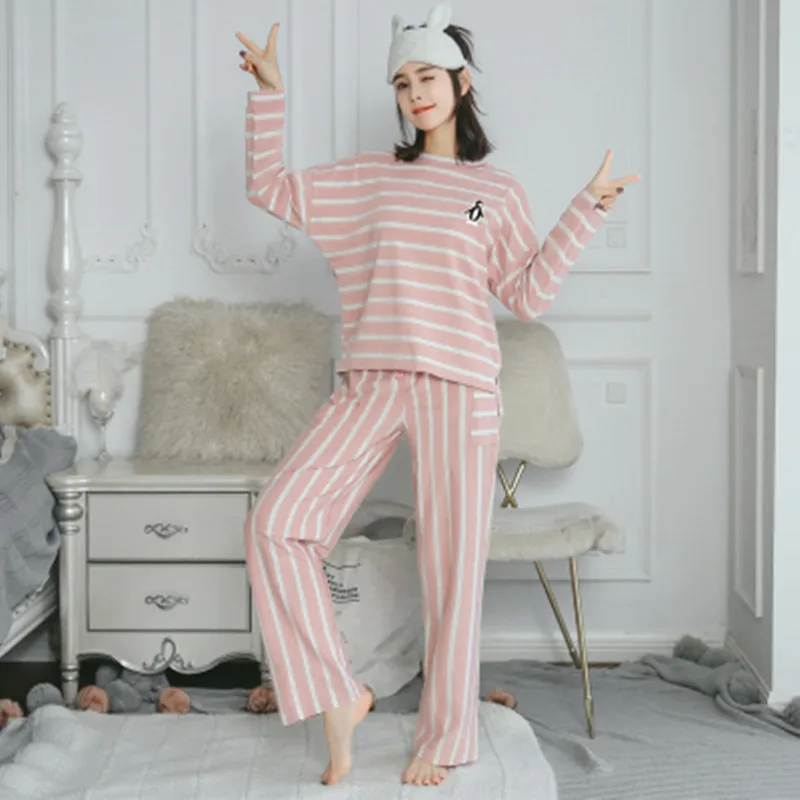 

Spring Autumn Women's Striped Cartoon Penguin Long Sleeve Pajamas Set Home Clothes