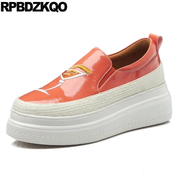 

Genuine Leather Embroidery Chinese Embroidered Shoes Patent Flats Harajuku Cartoon Creepers Women Peach Hemp Platform Muffin