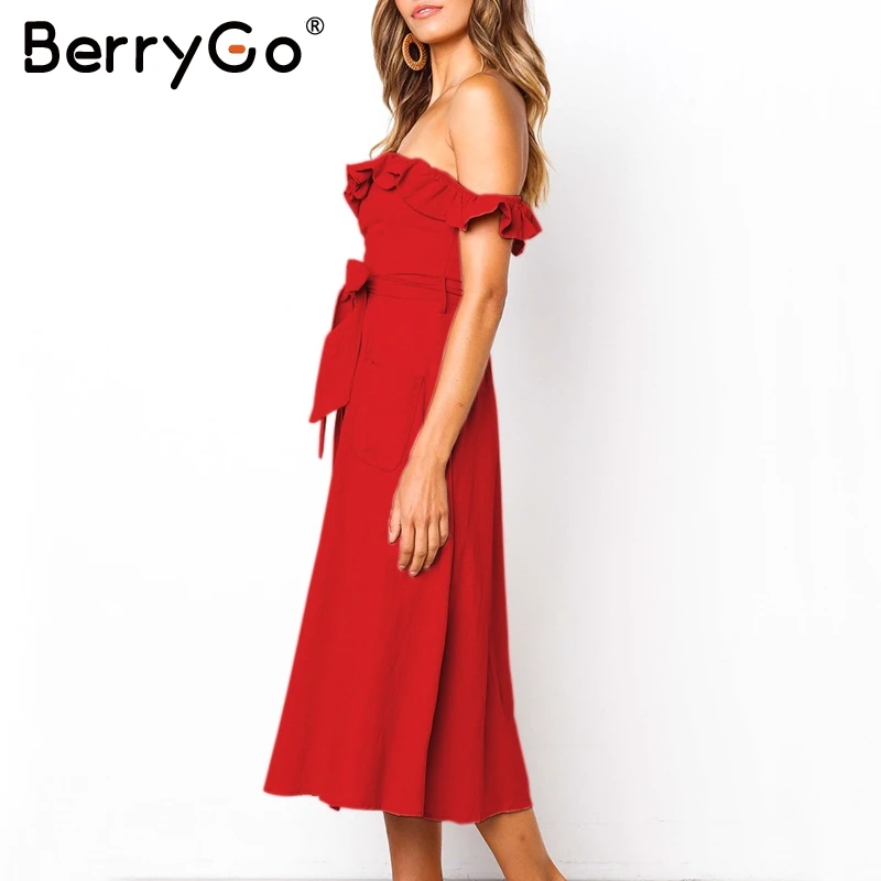 BerryGo с открытыми плечами летнее платье со складками для женщин Элегантный пояс