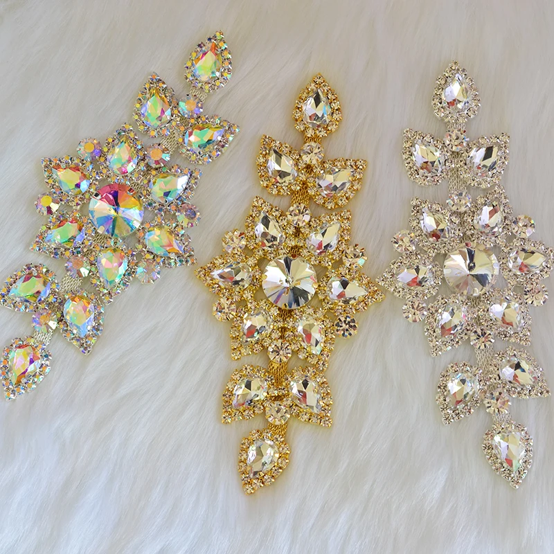 

High Quality Sew On Rhinestone Applique 1pcs Gold Base Clear Crystal Rhinestones DIY Wedding Evening Dress