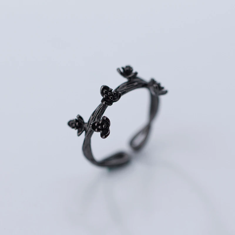 

MloveAcc 925 Sterling Silver Black Plum Flower Rings for Women Jewelry Fashion Open Adjustable Finger Ring