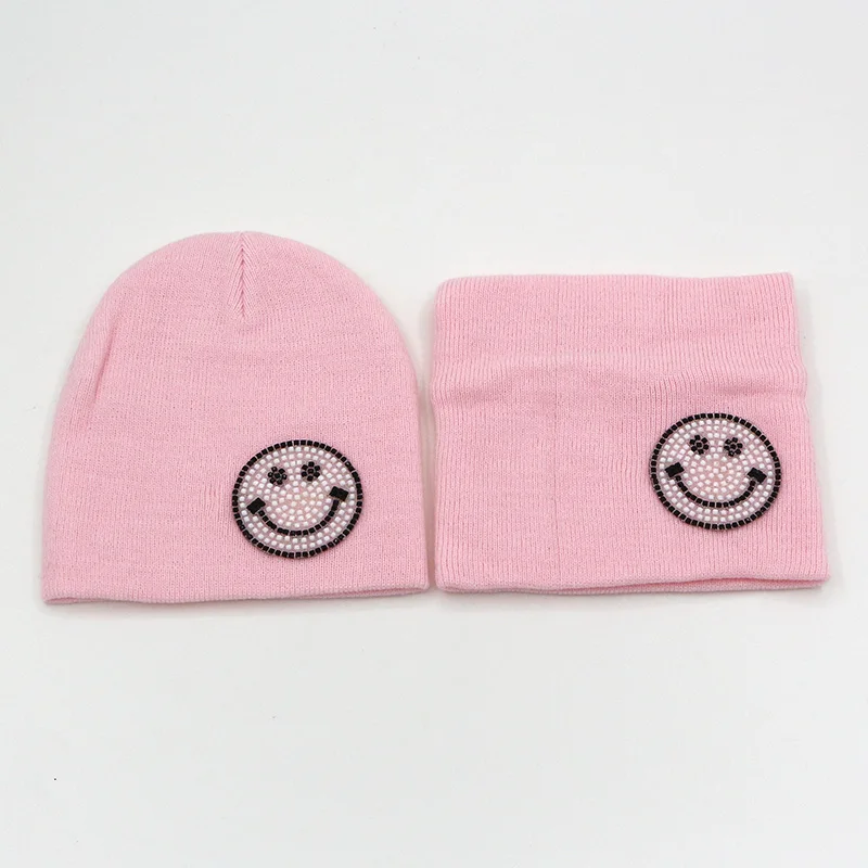 Fashion 2pcs Kids Hat Scarf set Kawaii Beanie Cotton Children Winter Hats little Boys Girls Kids Smile Hats Scarf Sets