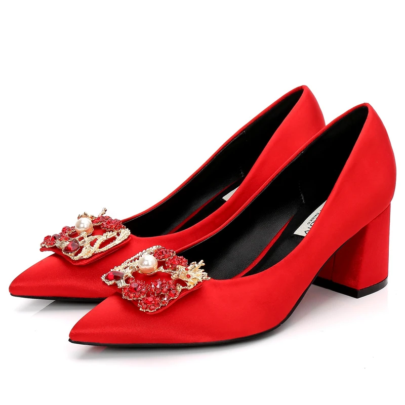 

Pink Silk Woman Pumps Colorful Rhinestone Bow Square Heels High Quality Sexy Pointed Toe Shoes Party Office Lady F0036