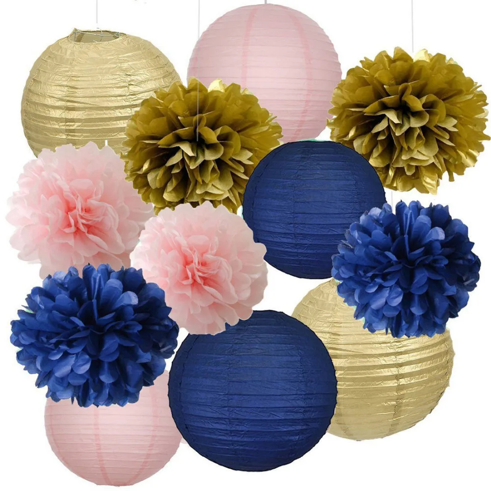 12pcs Mixed Navy Blue Pink Gold Party Tissue Pom Poms Hanging Paper