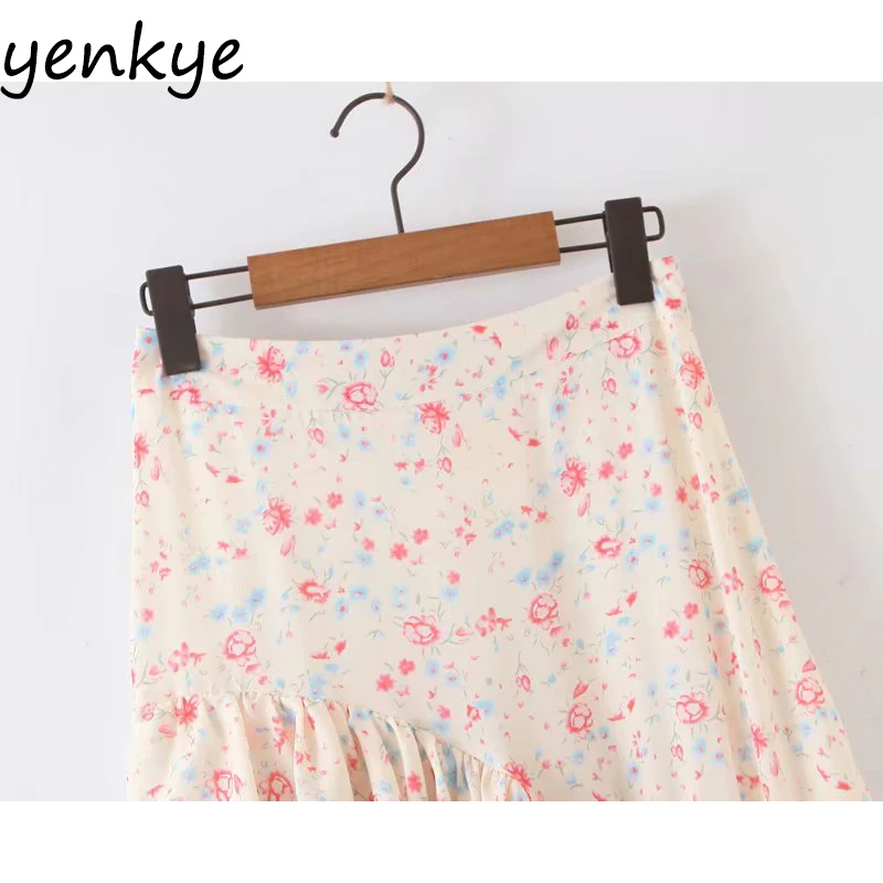 Patchwork Floral Print Holiday Boho Skirt Women Layered Ruffle Asymmetric Cake Skirt Elegant Lady High Waist Summer Skirt