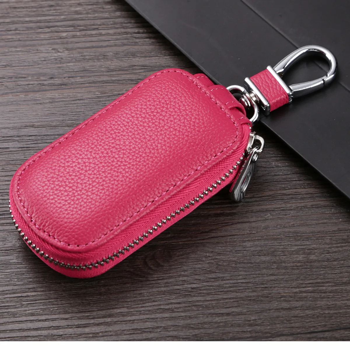ETya натуральная кожаный брелок для ключей, брелок для ключей для мужчин Организатор ключей экономки Для женщин брелок чехлы кейс на молнии сумка - Цвет: Hot pink