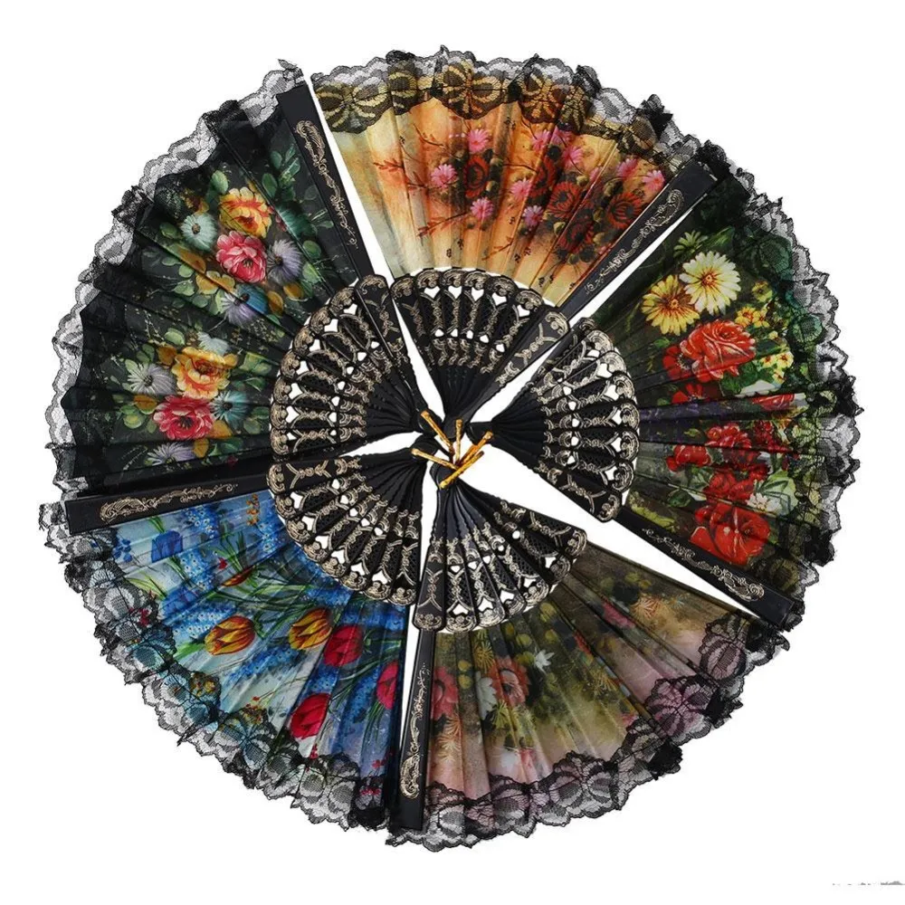 Винтажный складной вышитый Испанский Цветок цветочной ткани кружева танцы ручной вентилятор