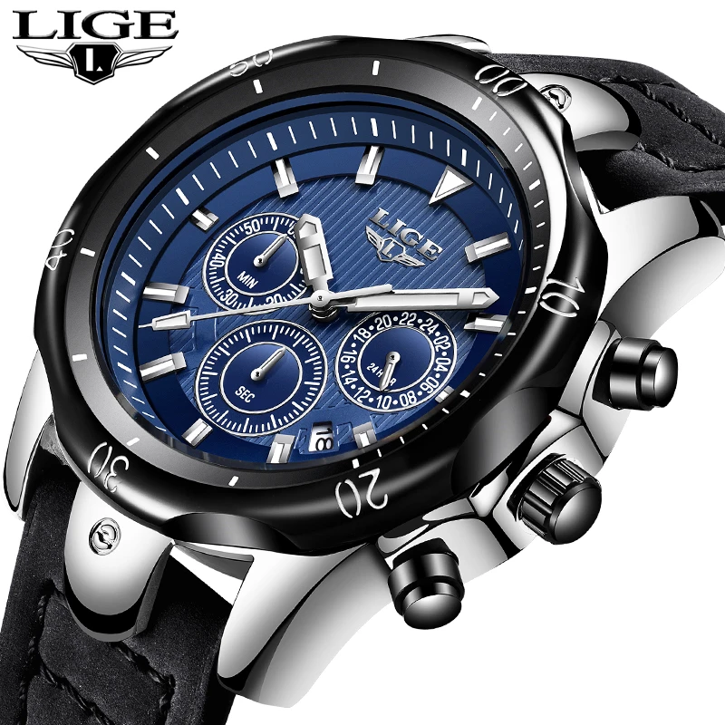 

Relogio Masculino LIGE New Men's Watch Top Luxury Brand Quartz Watch Men's Casual Leather Military Waterproof Sports Watch+Box