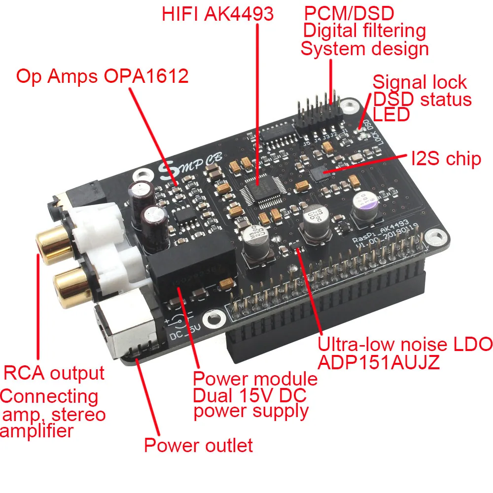 AK4493 декодер ЦАП Плата цифрового вещания сетевой плеер для Raspberry Pi 2B 3B 3B+ декодирование на ies 32 бит 384 кГц DSD128