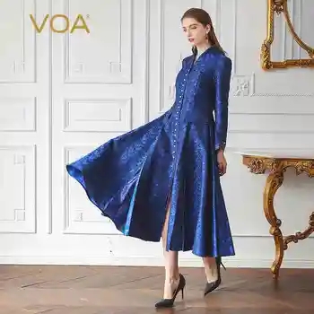 

VOA 2018 Spring New Blue Pearl Clasp Vintage Plus Size Women Slim Long Trench Silk Jacquard A Line Tunic Maxi Coat FLX03801