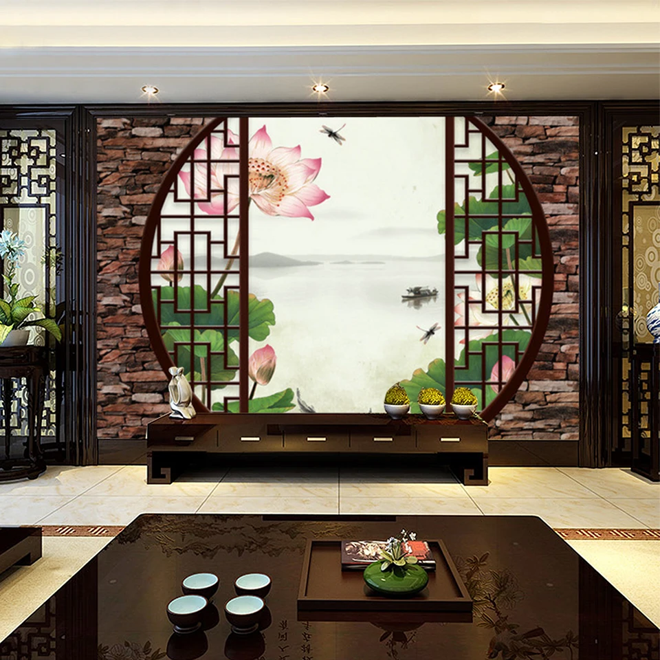 Обои Youman на заказ 3d Настенные обои нетканые китайский стиль ретро 3D окна Лотос пруд гостиная спальня настенные фрески