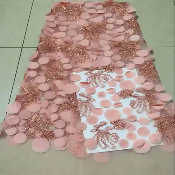 

Latest Peach Coloe Tulle Lace Fabric High Quality Europe And America Fashion Fabric With Beads 3D Embroidery French lace Fabrics