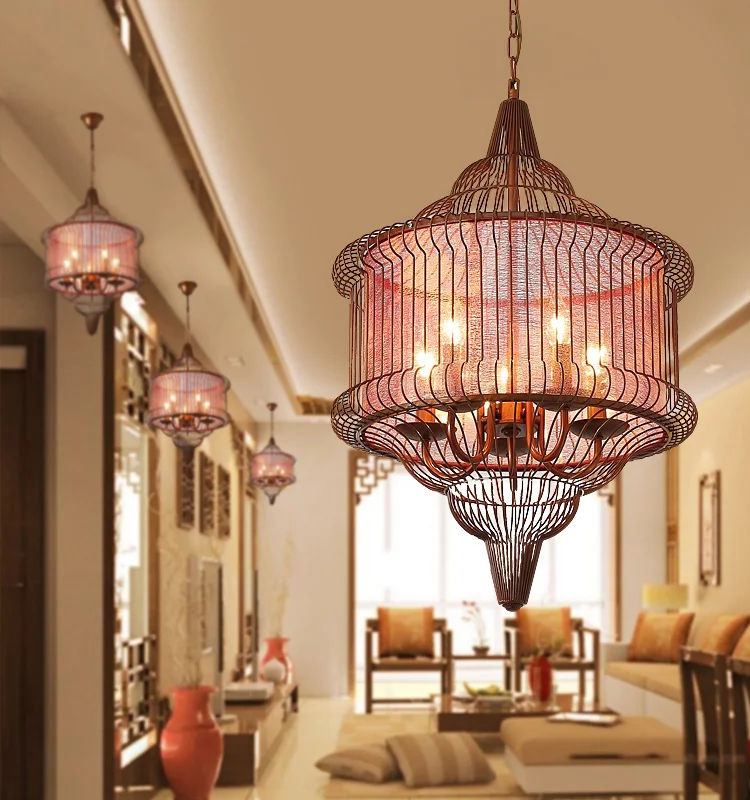 

Led creative restaurant corridor iron pendant lamps antique teahouse hotel cage lamp retro Chinese style pendant lights ZA ZL500
