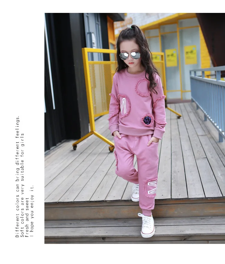 IIMADFWIW/комплект одежды для девочек, костюм с цветочным рисунком для девочек повседневные однотонные спортивные костюмы из хлопка с длинными рукавами и круглым вырезом, 110-170