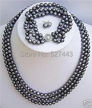 

Wholesale hot sale>>>>>>3 rows 6-7mm black pearl necklace bracelet earrings set