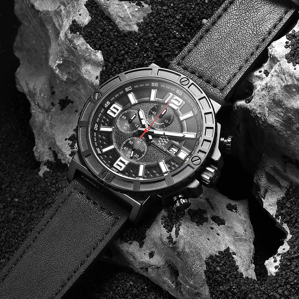 STARKING Men's Sport Wrist Watch Genuine Leather Watch Band Chronograph Russian Military Watches 30M Water Resistant Army Watch (9)