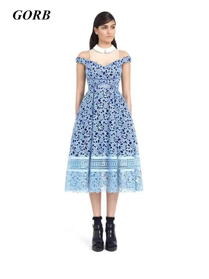 

GORB 2017 Hot Sales High Quality Blue Women's Self Portrait Runway Long Hem Dresses Sexy Slim Sleeveless Hollow Out Lace Dress