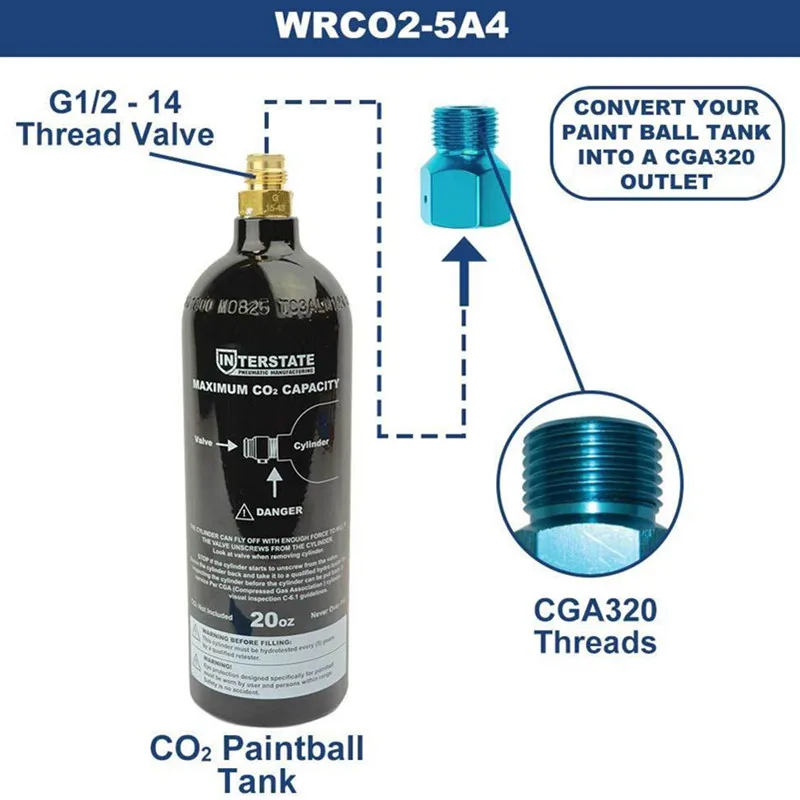 WRCO2-5A4 Adapter Converts CO2 Paintball Tank to Standard CGA320 Male Fitting