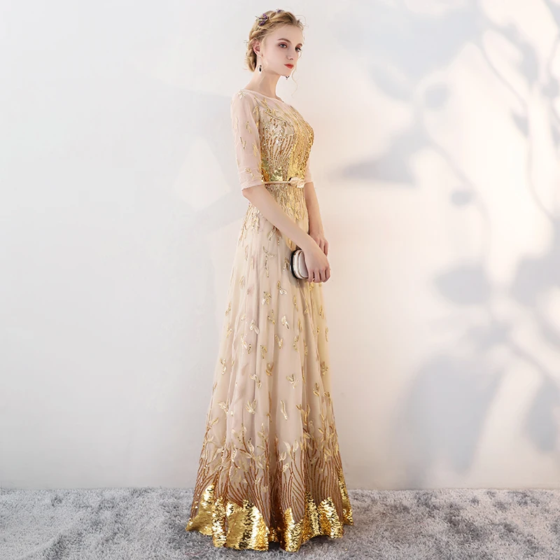 Gold Evening Dresses Long 2019 New Elegant O-neck A-line Floor-Length Sequined Formal Dresses Luxury Evening Gowns For Women Gold Evening Dresses Long 2019 New Elegant O-neck A-line Floor-Length Sequined Formal Dresses Luxury Evening Gowns For Women