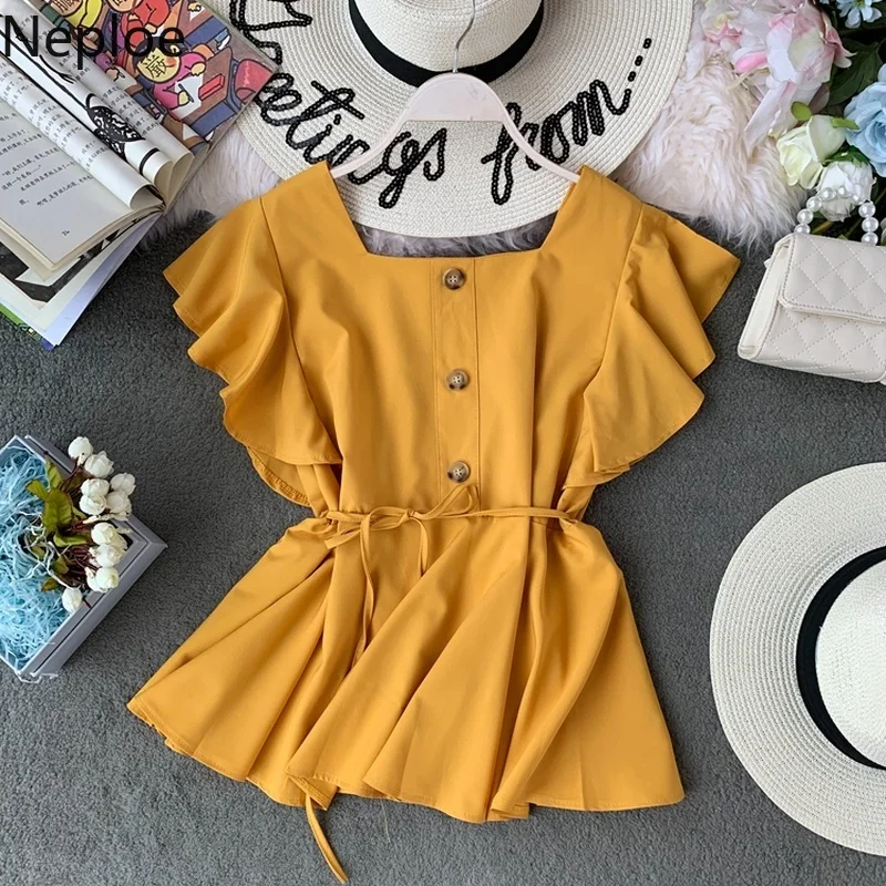 

Neploe New 2019 Women Summer Blouse Square Collar Sleeveless Ruffles Blouses Work Solid Ladies Tops Blusas Lace Up Tunic Shirts