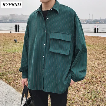 

New 2019 Spring Korean Fashion Loose Striped Shirts Men Turn Down Collar Harajuku Hip Hop Streetwear Casual Men Shirt 2 Colors