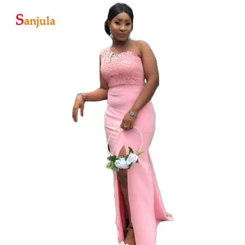 One Shoulder Pink Bridesmaid Dresses 2019 Lace Wedding Guest Dresses Long Leg Slit Maid of Honor Gowns vestido invitada D757 One Shoulder Pink Bridesmaid Dresses 2019 Lace Wedding Guest Dresses Long Leg Slit Maid of Honor Gowns vestido invitada D757