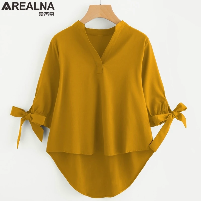 

Women blouses 2018 spring Kimono v-neck bow shirt Women Tops irregular Lantern half sleeve korean fashion chiffon blouse Blusas